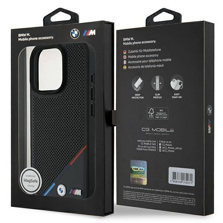 Original Case IPHONE 16 PRO BMW Hardcase M Perforated Tricolor Line MagSafe (BMHMP16L23PUPDK) black