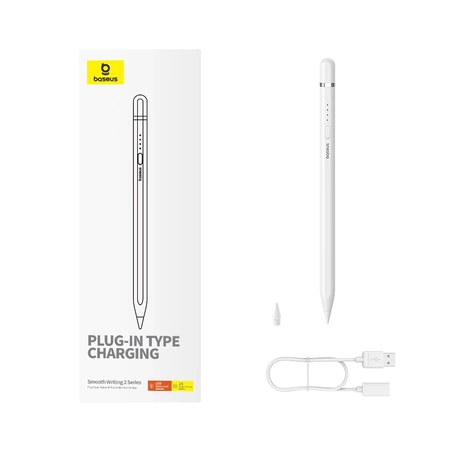 Baseus Smooth Writing 2 Stylus mit aktiver Spitze für iPad + USB-A – Lightning Kabel und austauschbare Spitze – Weiß