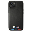 Original Handyhülle IPHONE 14 PLUS BMW Leather Stamp Tricolor MagSafe (BMHMP14M22PTDK) schwarz