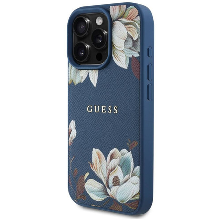 Schutzhülle IPHONE 16 PRO MAX Guess Grained Printed Flower Pattern MagSafe blau