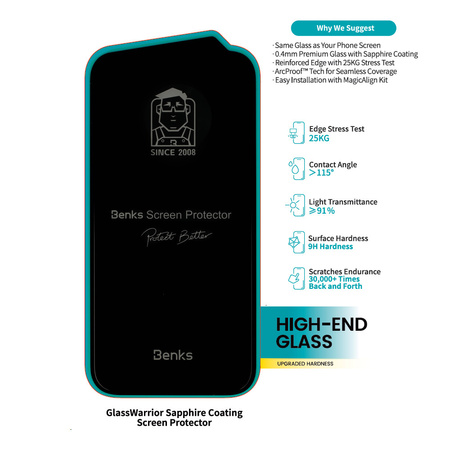 Benks Hartowane szkło Glass Warrior Sapphire Coating do Iphone 16/15/14 Pro czarne