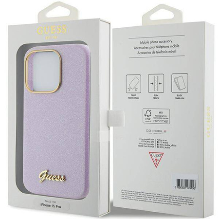 Guess Glitter Glossy Script Hülle für iPhone 15 Pro – Flieder