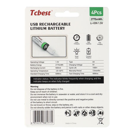 TCBEST bateria akumulatorowa R6 (AA) 750 mAh z gniazdem Typ C + kabel USB A do 4 x Typ C 4 szt