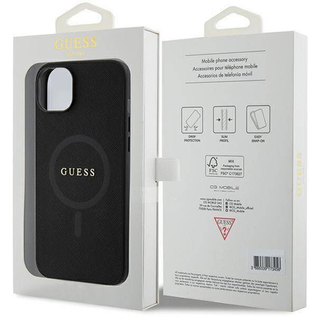 Original Handyhülle APPLE IPHONE 15 PLUS Guess Hardcase Saffiano MagSafe (GUHMP15MPSAHMCK) schwarz