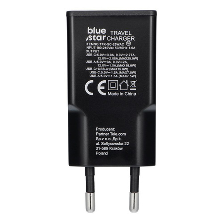 Ładowarka sieciowa do telefonu Blue Star Slim GaN 1x Typ C + 1x USB A QC4.0 PD 3A 25W TFK-SC-25WAC czarna