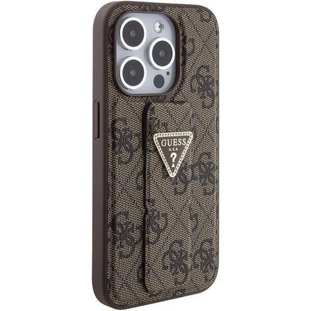Etui Guess Grip Stand 4G Triangle Strass na iPhone 15 Pro Max - brązowe