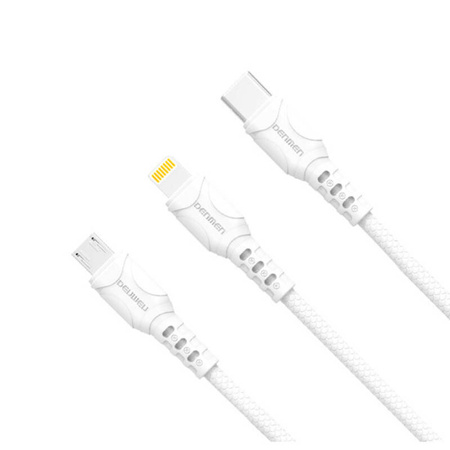 Kabel 3w1 1m USB - Micro USB + Lightning + USB-C Denmen D05E biały