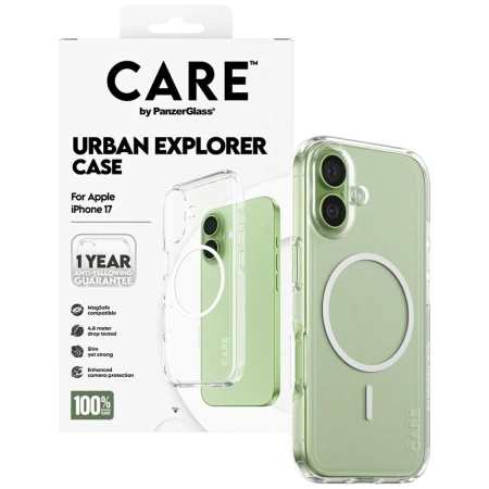 CARE by PanzerGlass Flagship Urban Explorer Case mit weißem MagSafe für iPhone 17 - Transparent