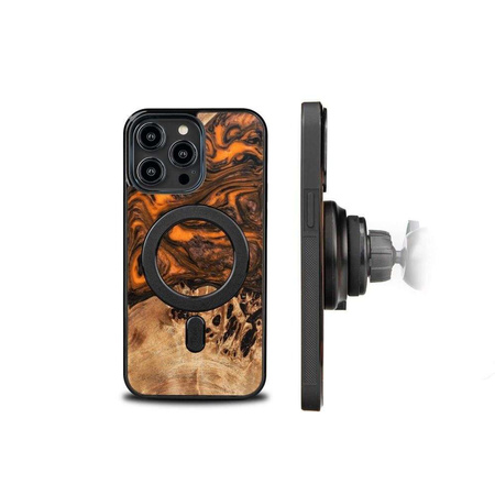 Holz- und Harzhülle für iPhone 14 Pro Max MagSafe Bewood Unique Orange – Orange und Schwarz