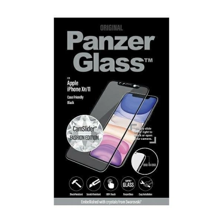 Szkło hartowane PanzerGlass E2E Super+ z zaślepką na aparat z kryształem Swarovsky na iPhone XR / 11 - z czarną ramką