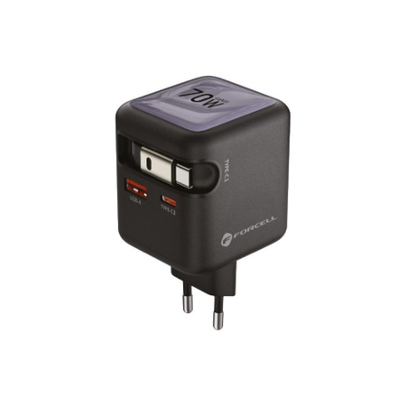 Ładowarka sieciowa do telefonu Forcell F-Energy GaN USB C + USB A + zwijany kabel USB C PD QC4.0 3A 70W VT-R7 szara