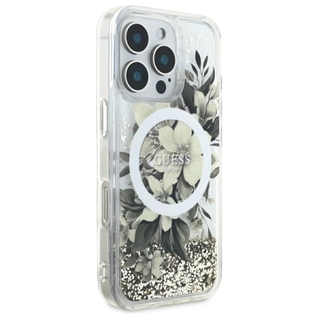 Guess Liquid Glitter Flower MagSafe-Hülle für iPhone 16 Pro – Beige