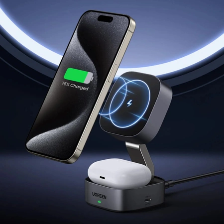 Ugreen W526 induktives 3in1 MagSafe/Qi-Ladegerät für Telefon/Kopfhörer mit USB-C-Anschluss – Schwarz