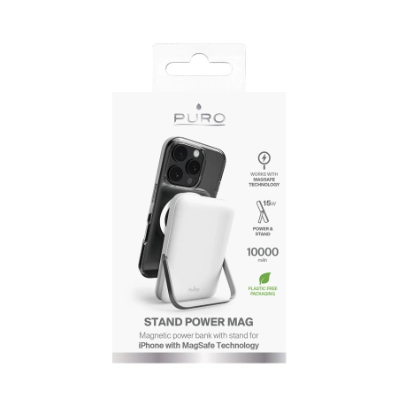 Puro 10000mAh MagSafe Wireless Power Bank with Aluminum Stand - White