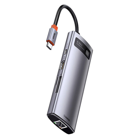Baseus Metal Gleam 8w1 wielofunkcyjny HUB USB Typ C - USB Typ C Power Delivery 100 W / HDMI 4K 30 Hz / czytnik kart SD i microSD / 3x USB 3.2 Gen 1 / RJ45 1 Gbps Szary (CAHUB-CV0G)