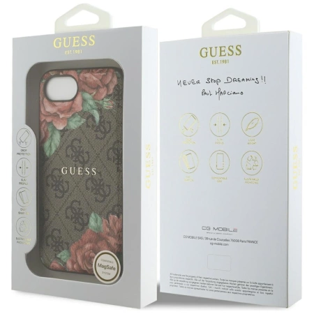 Guess 4G Flowers Print MagSafe Hülle für iPhone 16e - braun