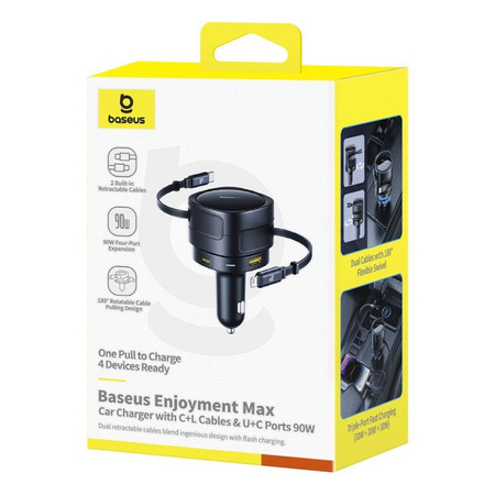 Baseus Enjoyment Max Ładowarka Samochodowa C+L Kable & Porty U+C 90W Kosmiczna Czerń