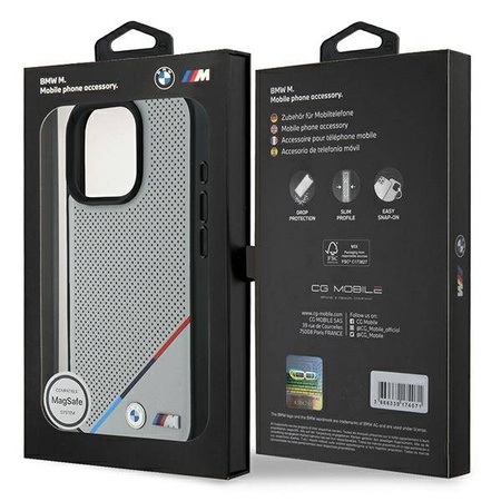 Oryginalne Etui IPHONE 16 PRO BMW Hardcase M Perforated Tricolor Line MagSafe (BMHMP16L23PUPDG) szare