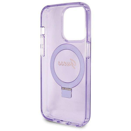 Original Handyhülle IPHONE 14 PRO Guess Hardcase Ring Stand Script Glitter MagSafe (GUHMP14LHRSGSU) violett