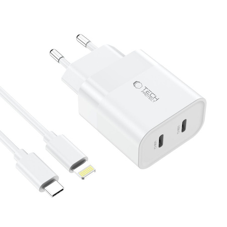 Wall Charger PD 20W 2x USB-C + Cable USB-C - USB-C Tech-Protect C20W white