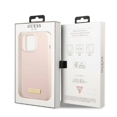 Original Handyhülle IPHONE 13 PRO Guess Hard Case Silicone Logo Plate MagSafe (GUHMP13LSPLP) rosa