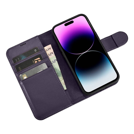 iCarer Wallet Case 2in1 etui iPhone 14 Pro skórzany pokrowiec z klapką Anti-RFID ciemnofioletowy (WMI14220726-DP)