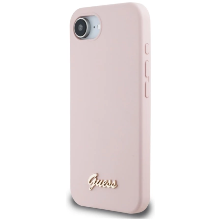 Guess Silicone Script Metal Logo MagSafe iPhone 16e Case - Pink