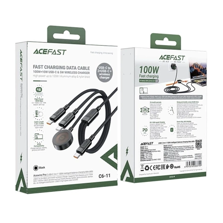 Acefast C6-11 USB-C 3in1 Kabel - 2x USB-C / Qi 480Mb/s 100W 1.2m - schwarz