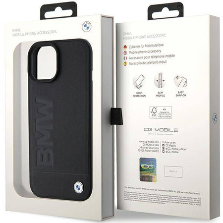 BMW MagSafe Leder Hot Stamp Hülle für iPhone 15 Plus – Schwarz