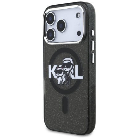 Karl Lagerfeld nakładka Magsafe IML glitter case metal camera frame and buttons Karl and Choupette sketch logo do iPhone 17 Pro transparentna