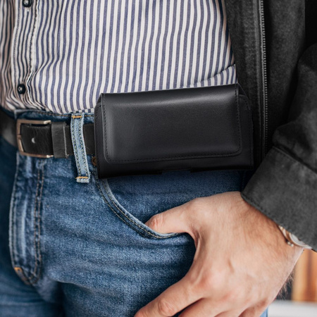 Skórzana uniwersalna kabura pozioma do paska - ROYAL / czarny - Rozmiar 2XL - do SAMSUNG A21s / S20 ULTRA / S21 ULTRA / A70 / A71 / XIAOMI REDMI 9 / HUAWEI P SMART PRO