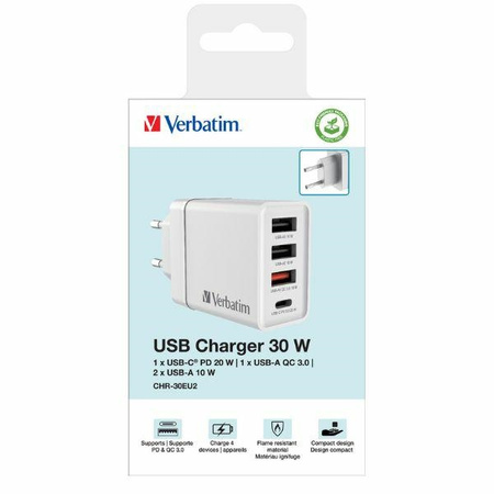 Verbatim Ładowarka sieciowa 30W 3xUSB-A/ USB-C PD 3.0 CHR-30EU2 biały/white 49701