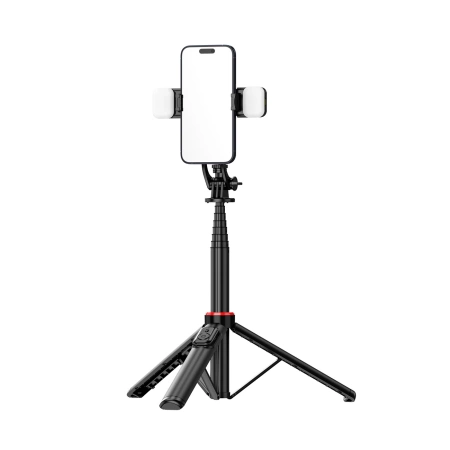 Selfie Stick WC12YDS Teleskopstativ 1,3 m aus Aluminiumlegierung mit Dual-Licht und Telefonhalter – Schwarz