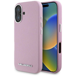 Original Handyhülle IPHONE 16 Karl Lagerfeld Saffiano Full Wrapped Elongated Metal Logo MagSafe rosa