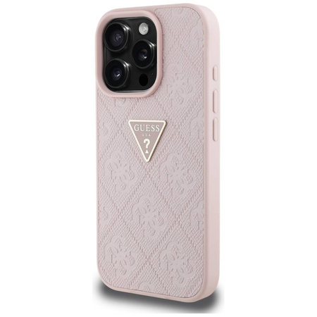Schutzhülle IPHONE 16 PRO Guess Hot Stamp 4G Pattern Triangle Metal Logo rosa