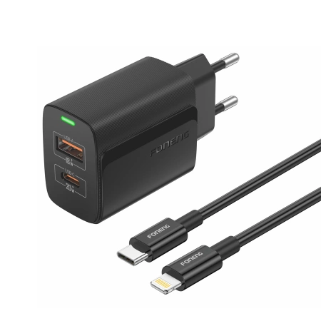 FONENG Netz-Ladegerät EU66 PD 20W 1xUSB-C + 1xUSB QC3.0 + Kabel USB-C - Lightning schwarz