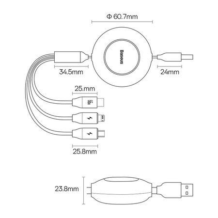 Baseus Bright Mirror 2 einziehbares Kabel 3in1 USB Typ A - micro USB + Lightning + USB Typ C 66W 1.1m schwarz (CAMJ010101)
