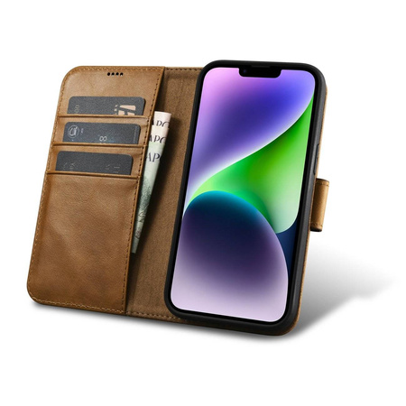 iCarer Oil Wax Wallet Case 2in1 Hülle iPhone 14 Leder Flip Cover Anti-RFID braun (WMI14220721-TN)