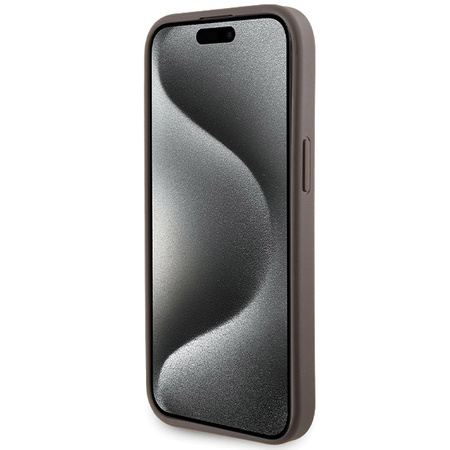 Guess Grip Stand 4G Triangle Strass Hülle für iPhone 15 – braun
