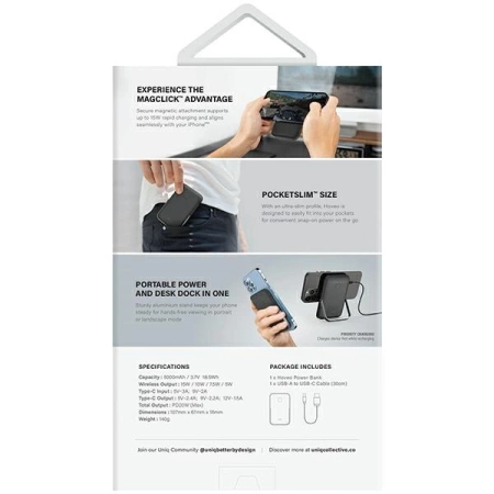 Powerbank UNIQ Hoveo magnetyczny 5000mAh USB-C 20W PD - różowy