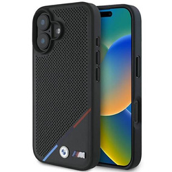 Original Handyhülle IPHONE 16 BMW Hardcase M Perforated Tricolor Line MagSafe (BMHMP16S23PUPDK) schwarz