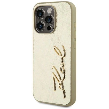 Karl Lagerfeld Wrinkled Metal Signature iPhone 15 Pro Hülle - Gold