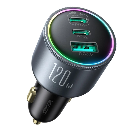 Joyroom JR-CCN07 car charger 120W 2xUSB-C USB-A + USB-C cable 100W - dark gray