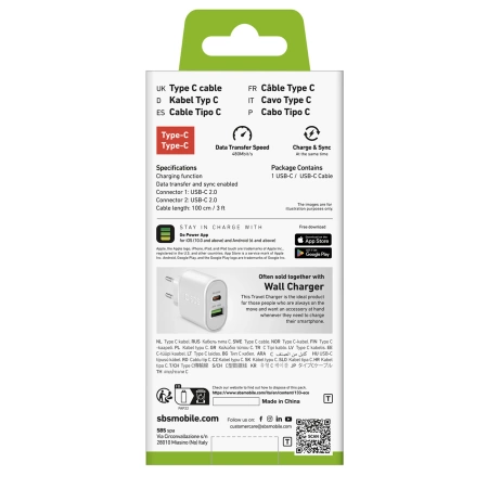 SBS TECABLETCC10W USB-C Cable - USB-C Power Delivery 25W 1 m - white