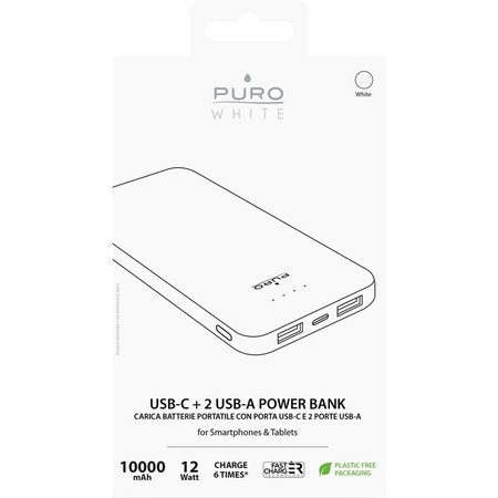 PURO White Fast Charger Power Bank – Power bank dla smartfonów i tabletów 10000 mAh, 2xUSB-A + 1xUSB-C (biały)