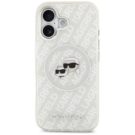 Karl Lagerfeld nakładka Magsafe IML glitter case metal camera frame and buttons Karl and Choupette heads on KL repeated logo do iPhone 17 szara