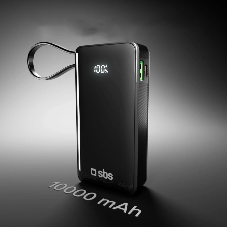 Powerbank SBS 10000 mAh 20W with built-in USB-C cable and digital display - black