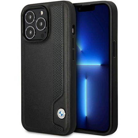 Original Handyhülle IPHONE 14 PRO BMW Hardcase Leather Blue Dots (BMHCP14L22RBDK) schwarz