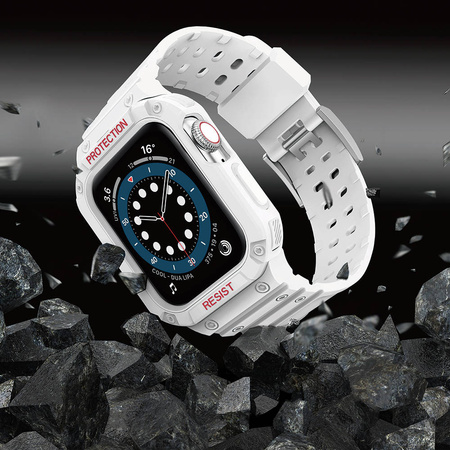 Protect Strap Band opaska z etui do Watch 7 / 6 / 5 / 4 / 3 / 2 / SE (45 / 44 / 42mm) obudowa pancerny pokrowiec na zegarek biały