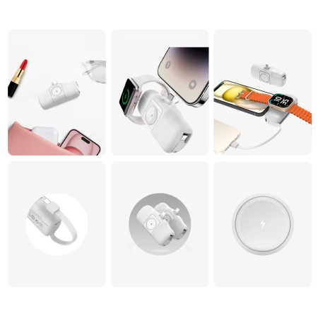 Wozinsky WF16-YCS 5000 mAh 15 W USB-C Mini-Powerbank mit integriertem USB-C-Kabel und Apple Watch Ladegerät – Weiß